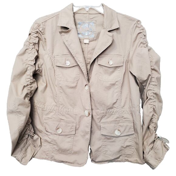 Michael Kors Tan Ruched Sleeve Button-Up Utility Jacket Size 10 - Picture 1 of 6
